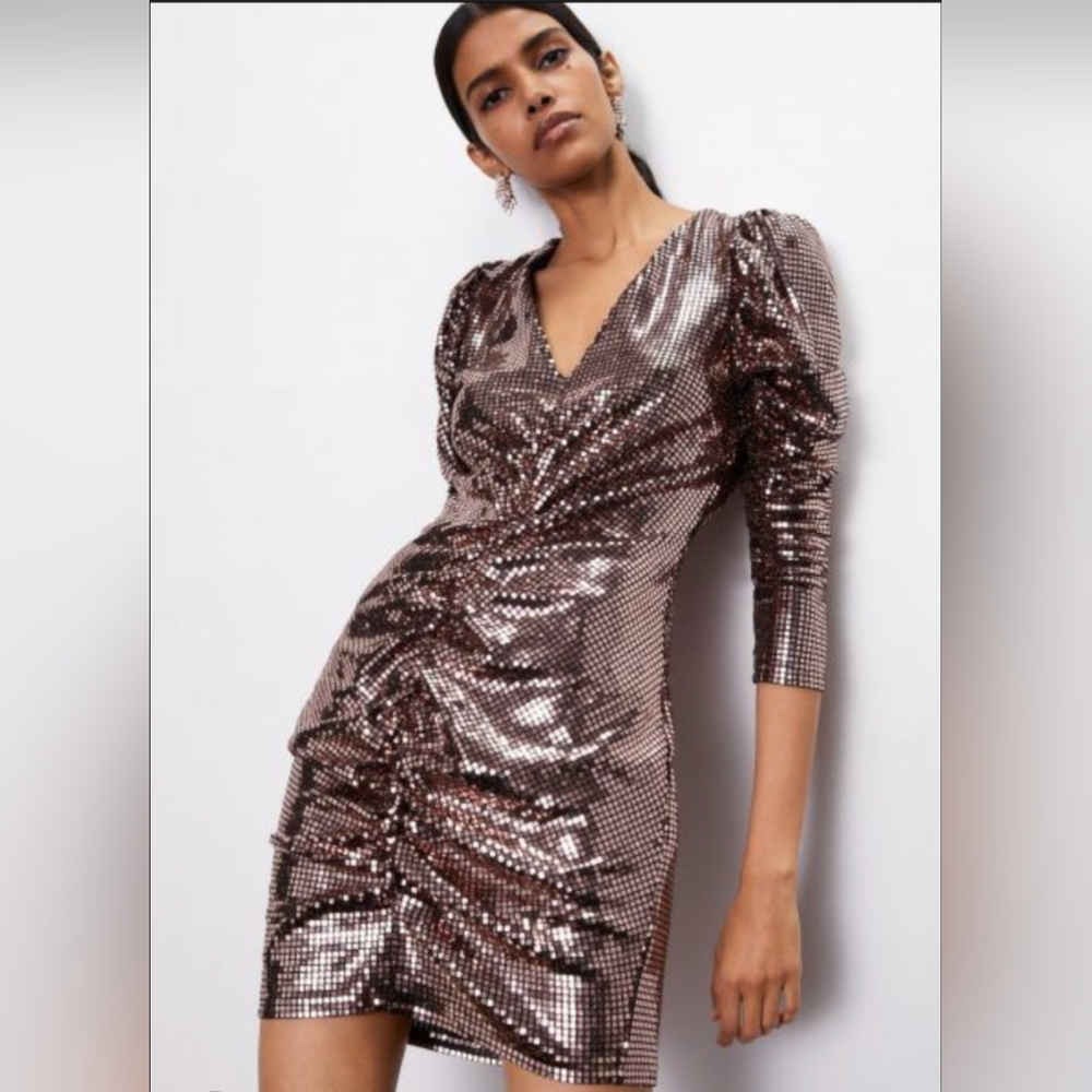 Zara Bronze Mirror Ball Sequin Puff Sleeve Ruched Front Mini Dress